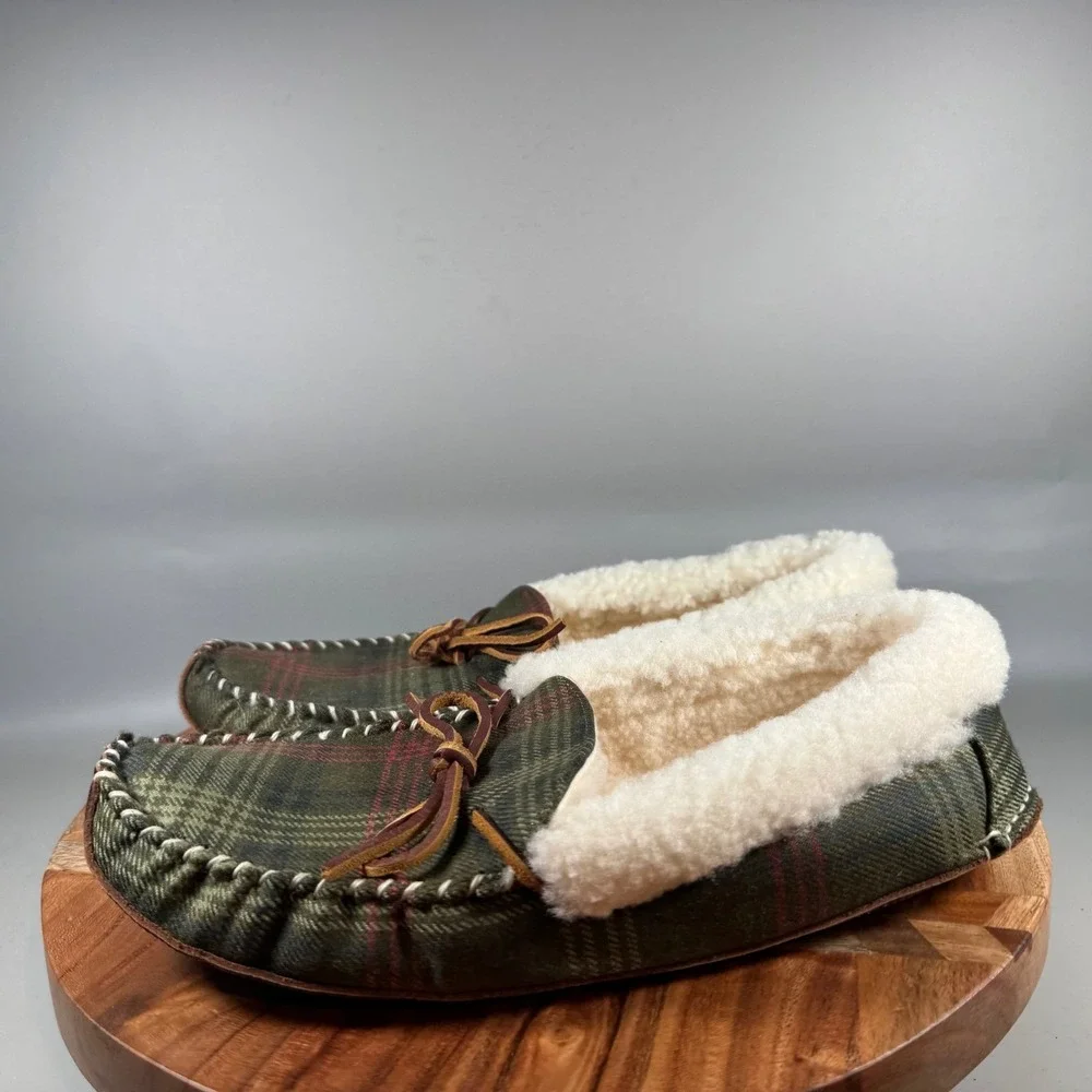 Polo Ralph Lauren Yarmond Green Plaid Shearling Lined Leather Sole Slippers 10
